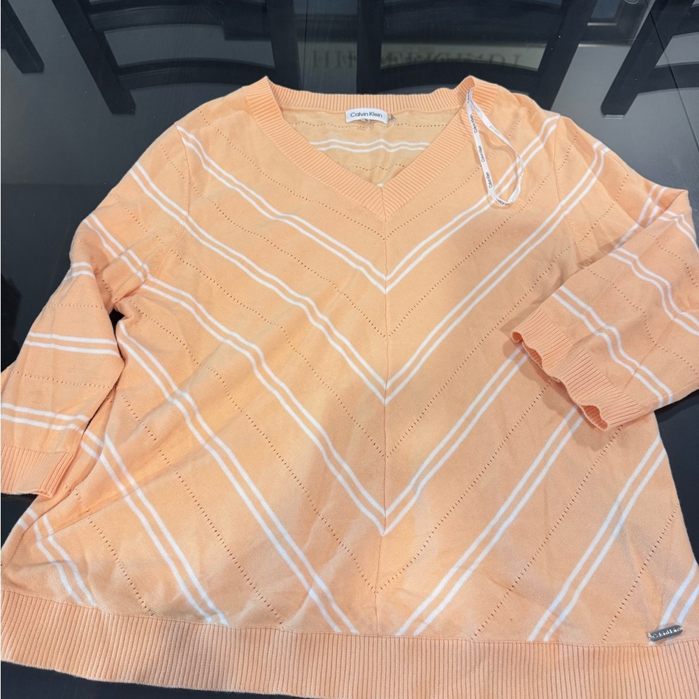 Calvin Klein Peach and White Striped V-Neck Pullover